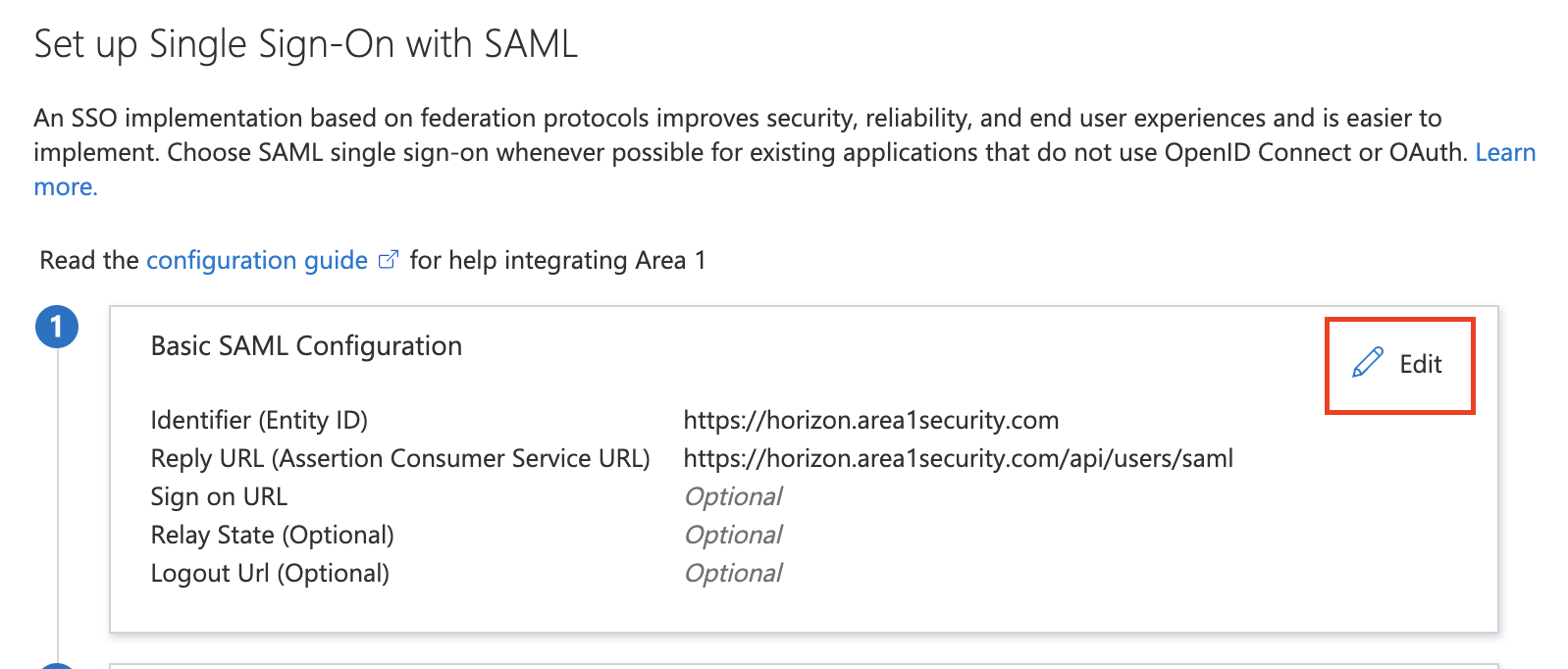 Select the pencil icon to edit Basic SAML Configuration